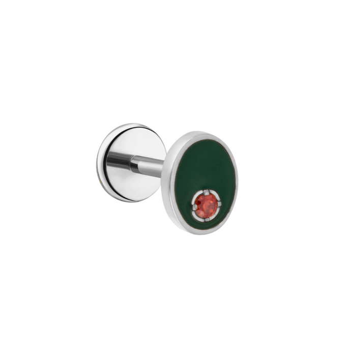 Silver titanium earring with green enamel olive and red gemstone on a white background
