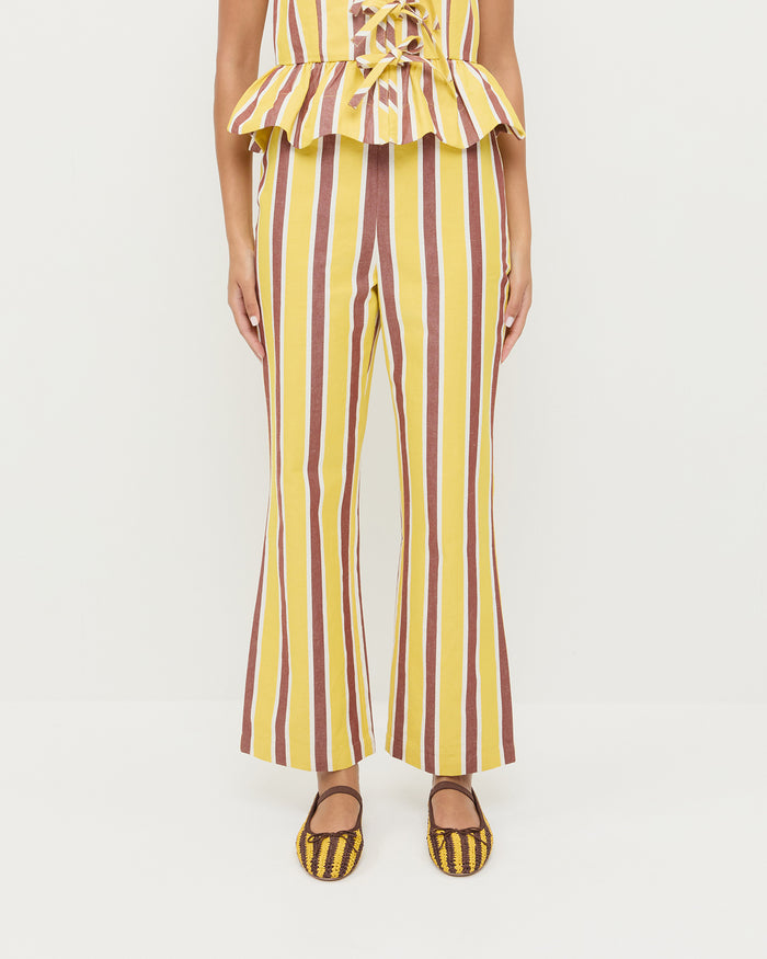 Pasha Trouser in yellow and brown striped cotton-linen, Pilar Tie-Front Top in yellow and brown striped cotton-linen, and Leonie Yellow/Brown Crochet Ballet Flat.