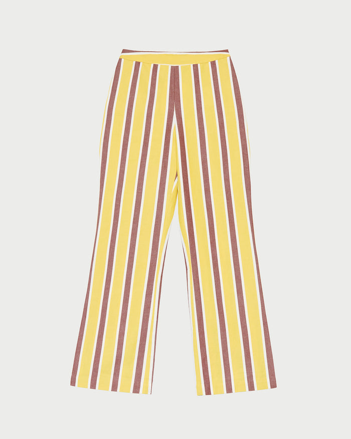 Pasha Trouser in yellow and brown striped cotton-linen.