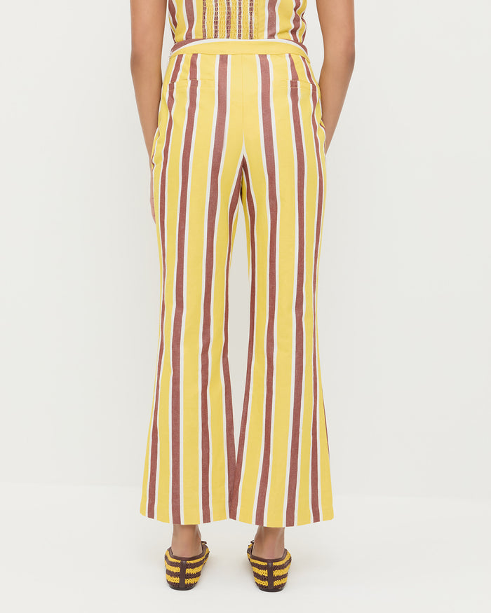 Pasha Trouser in yellow and brown striped cotton-linen, Pilar Tie-Front Top in yellow and brown striped cotton-linen, and Leonie Yellow/Brown Crochet Ballet Flat.