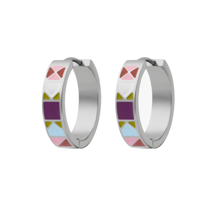 A close up of a hoop earring made from titanium metal, with geometric colored patterns that are reminiscent of quilt blocks in pinks, purple, blue, and green on a white background.
