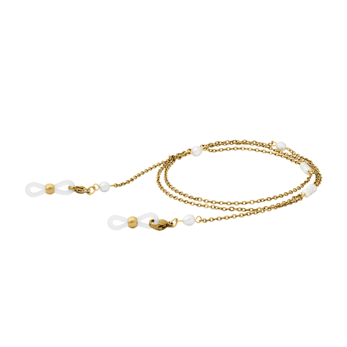 A coiled gold glasses chain with freshwater pearl beads and silicone loops on the end on a white background.