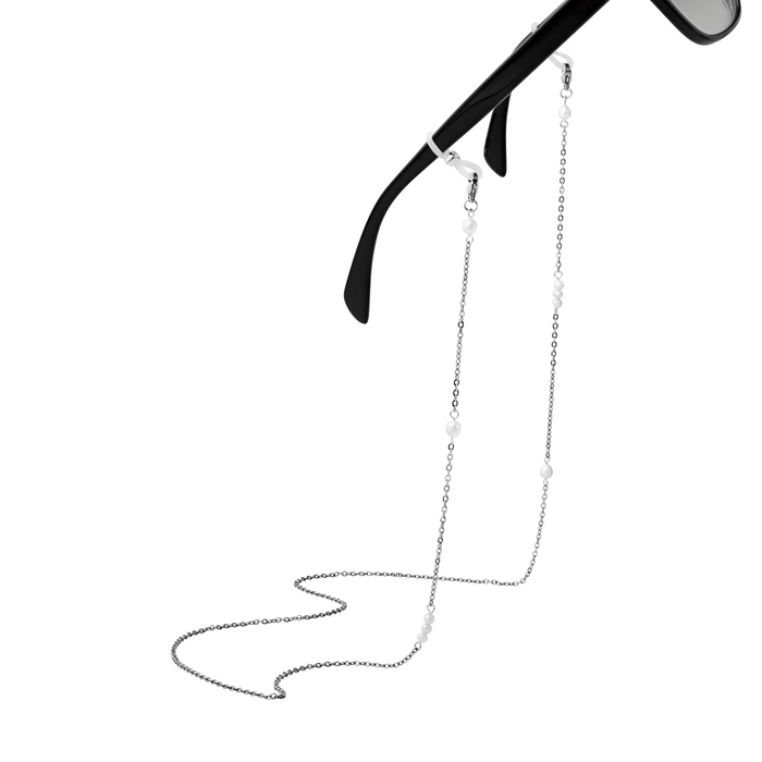 Silver eyeglass chain attached to black sunglasses on a white background