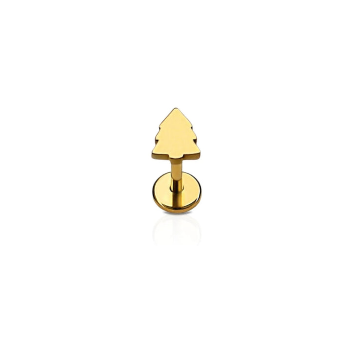 Gold-colored tree-shaped earring on a white background
