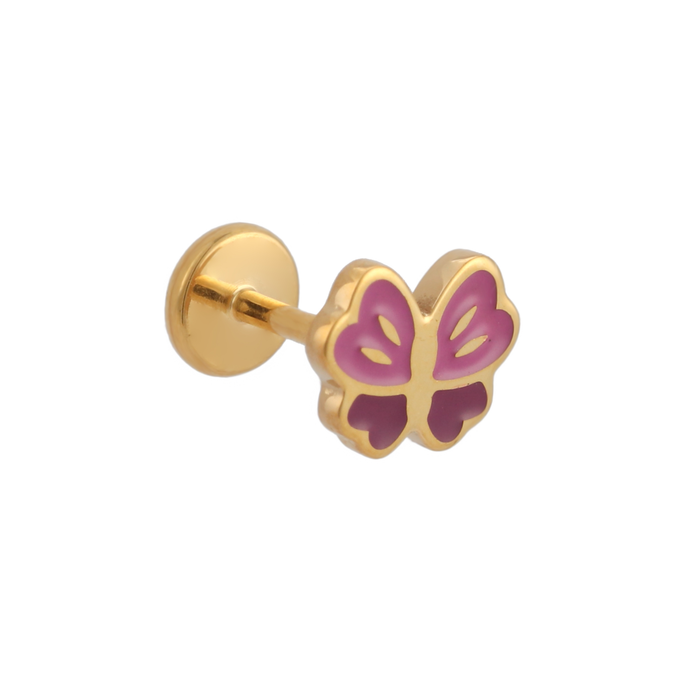 Gold butterfly-shaped flat back stud earring with pink enamel on a white background