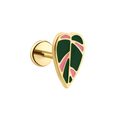 Gold flat back stud earring with green and pink leaf design on a white background
