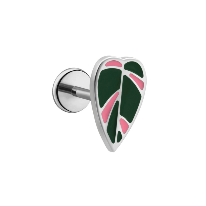 Silver flat back stud earring with green and pink leaf design on a white background