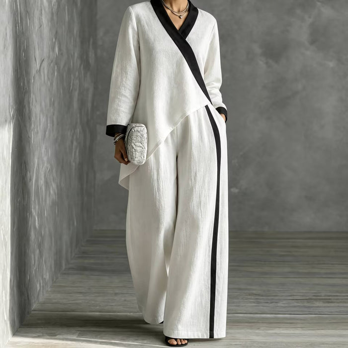polyester Contrasting Color V-neck Irregular Tops Wide-leg Pants Loose Casual Suits