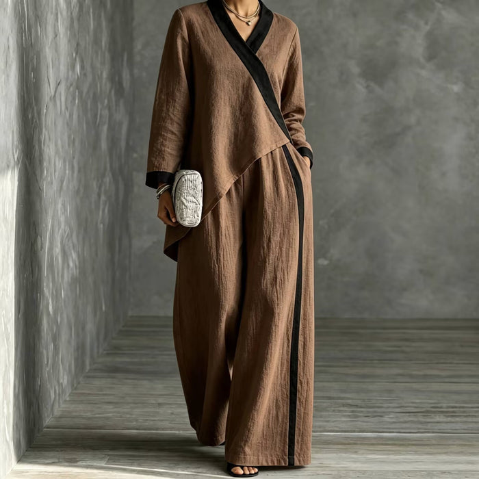polyester Contrasting Color V-neck Irregular Tops Wide-leg Pants Loose Casual Suits