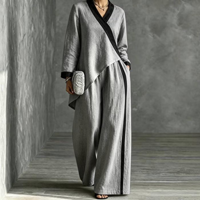polyester Contrasting Color V-neck Irregular Tops Wide-leg Pants Loose Casual Suits