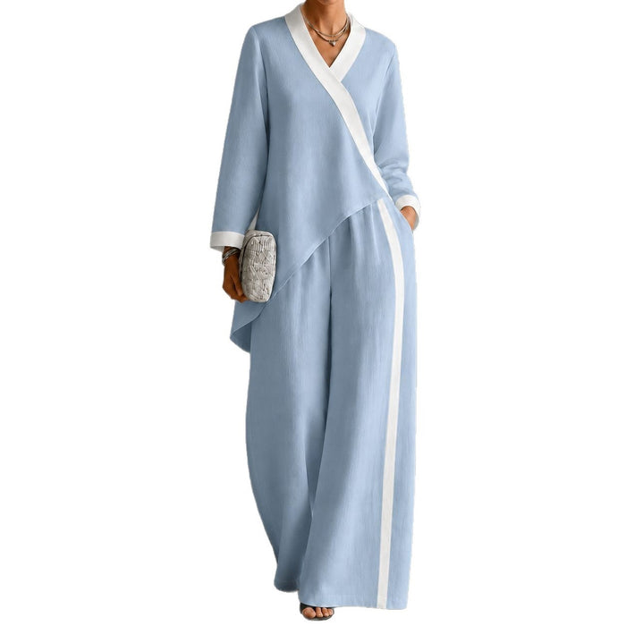 polyester Contrasting Color V-neck Irregular Tops Wide-leg Pants Loose Casual Suits