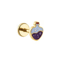 Gold earring with a corked bubbly potion bottle design made from purple, brown, light blue, and white enamel, on a white background