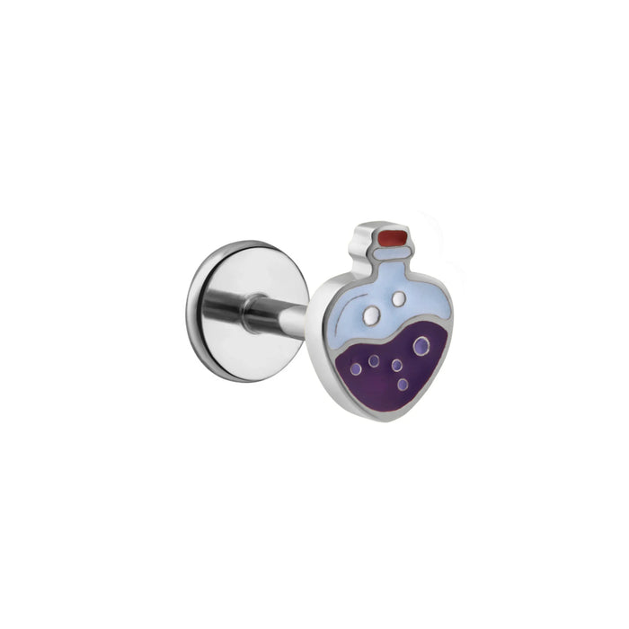 Silver flat back stud earring with a corked bubbly potion bottle design made from purple, brown, light blue, and white enamel, on a white background