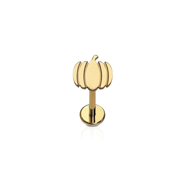 Gold-colored pumpkin-shaped flat back stud earring on a white background