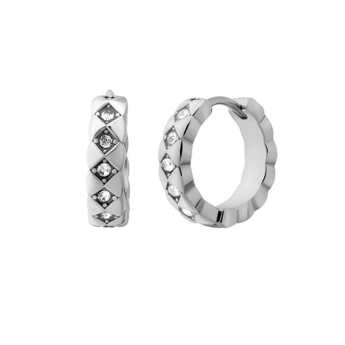 Silver hoop earrings with embedded stones on a white background