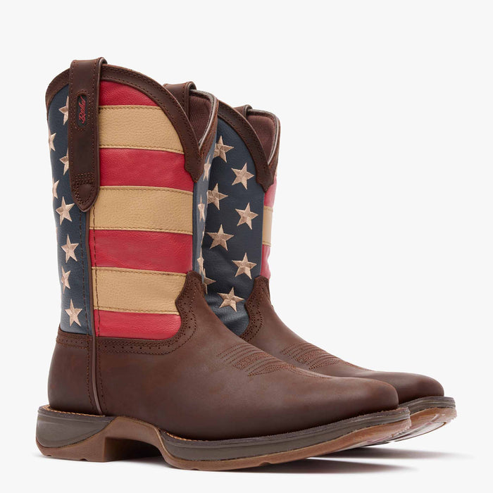 Front view of a pair of Durango Rebel™ USA Flag square toe western boots