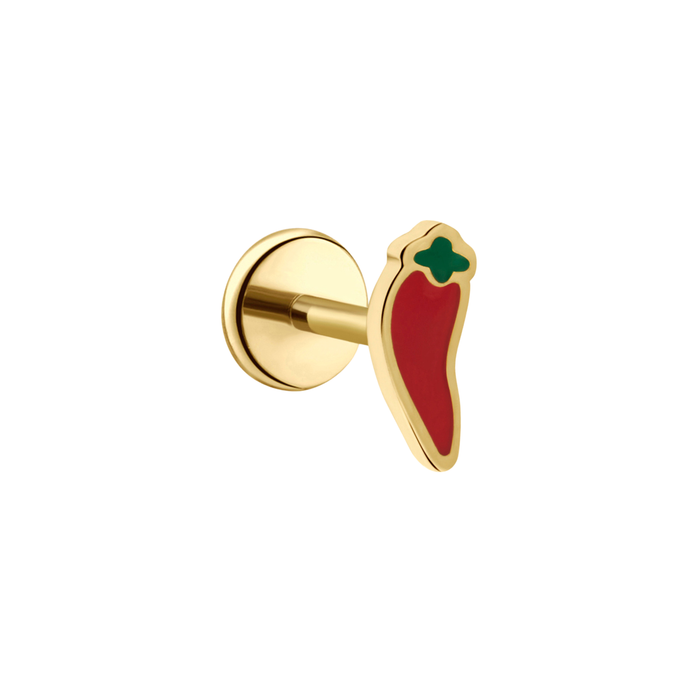 A close up of a chili pepper shaped flat back stud earring with red enamel and gold-plated titanium metal on a white background