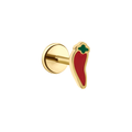A close up of a chili pepper shaped flat back stud earring with red enamel and gold-plated titanium metal on a white background