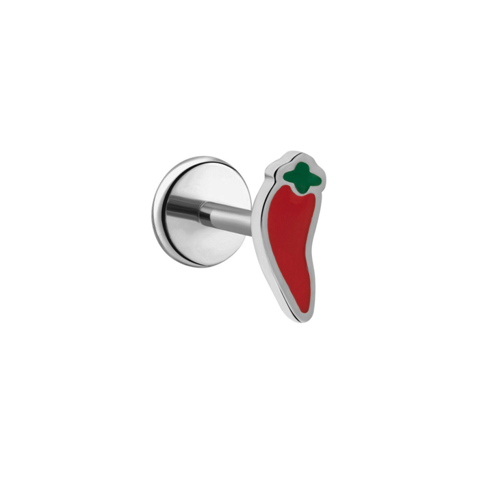 A close up of a chili pepper shaped flat back stud earring with red enamel and titanium metal on a white background
