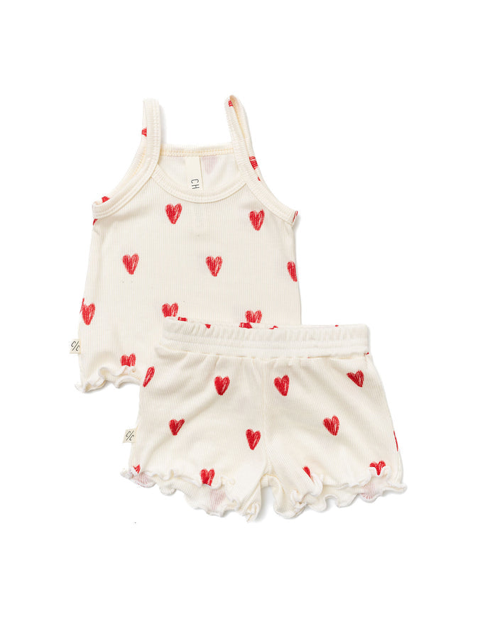 rib camisole set - red hearts on natural