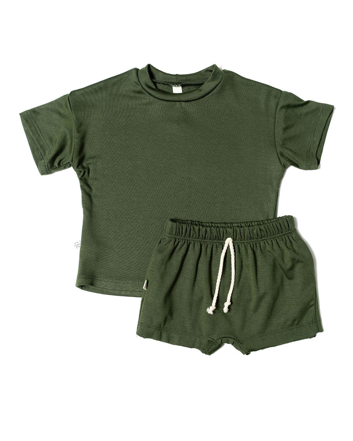rib knit boy short set - dark ivy