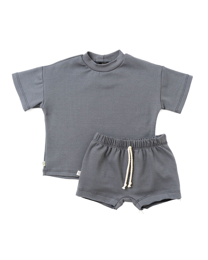 rib knit boy short set - iron gray