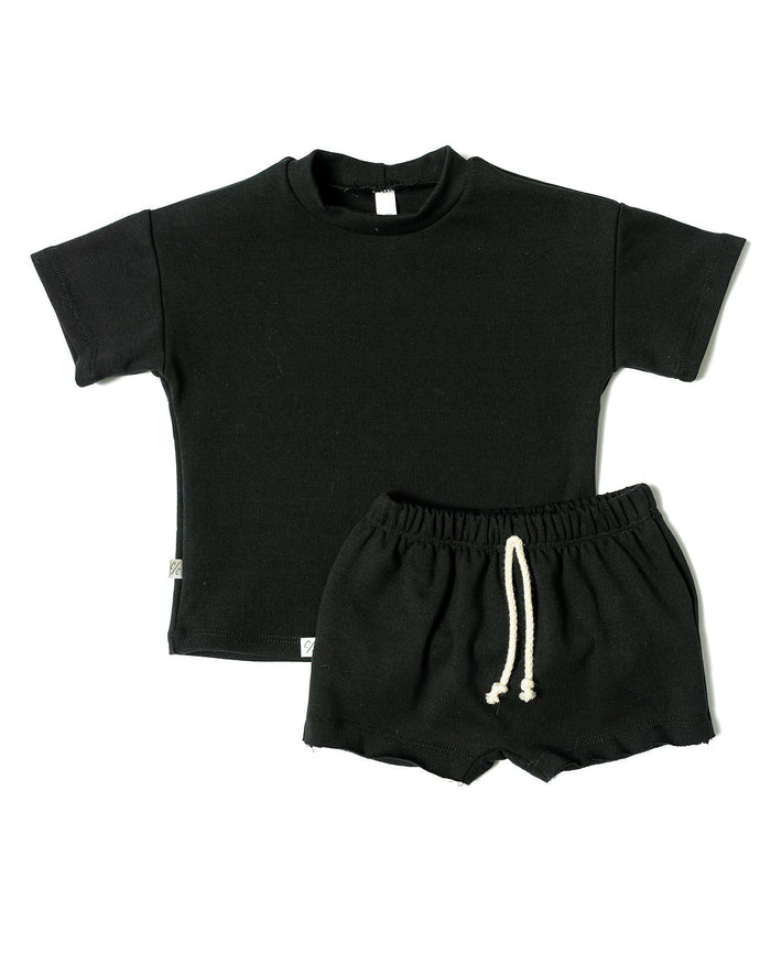 rib knit boy short set - jet black