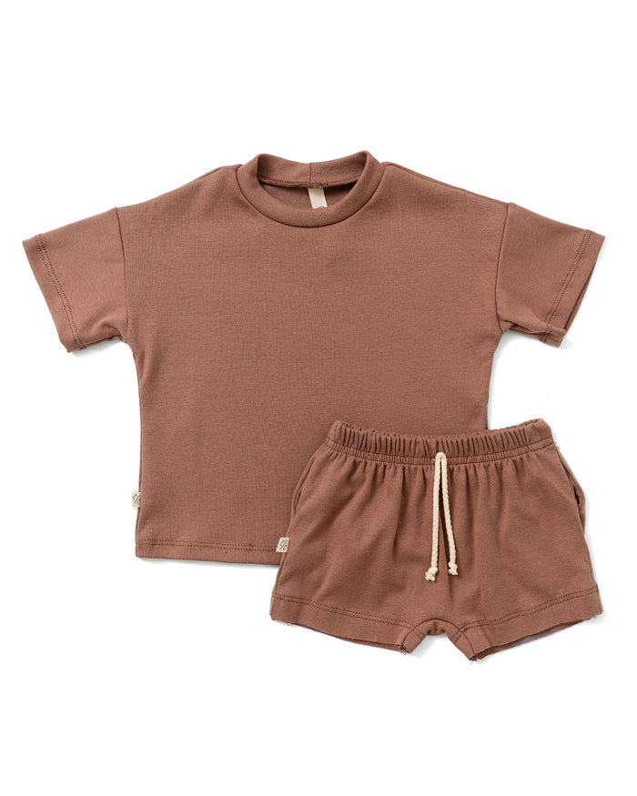 rib knit boy short set - milk chocolate