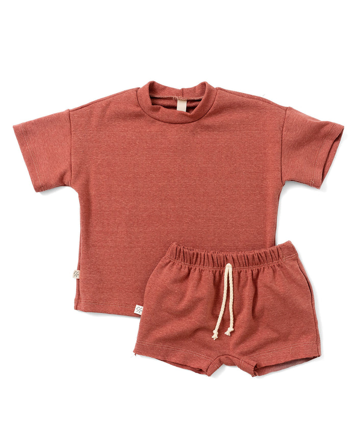 rib knit boy short set - redwood