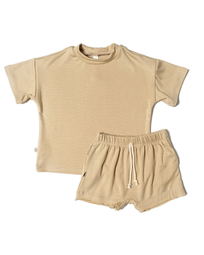 rib knit boy short set - tan