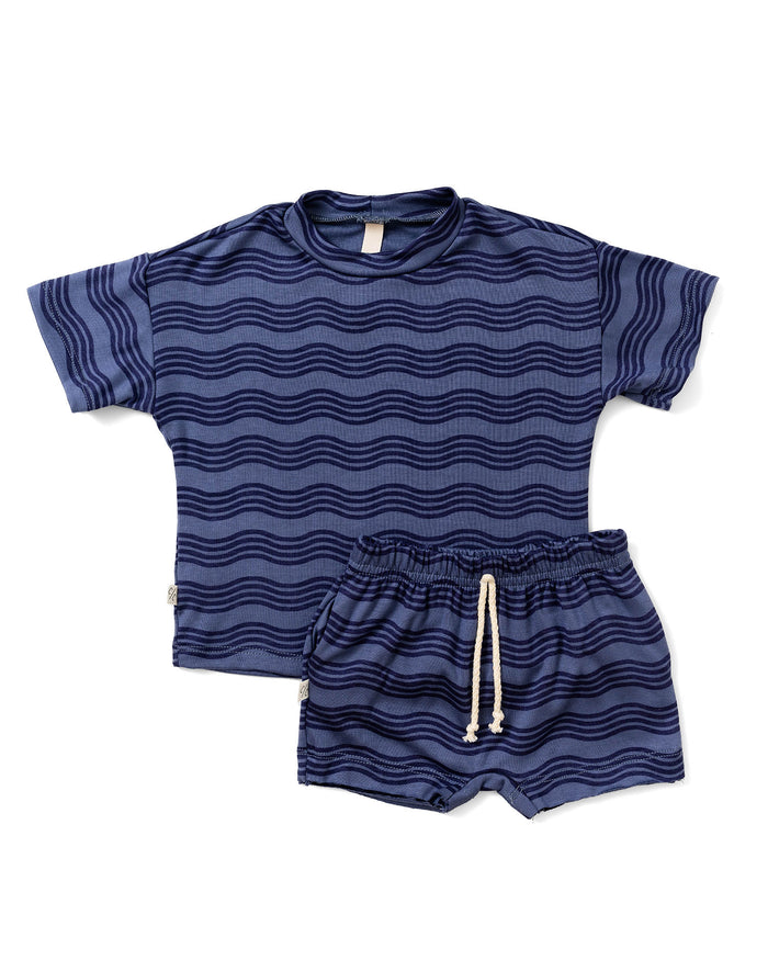 rib knit boy short set - wavy lines