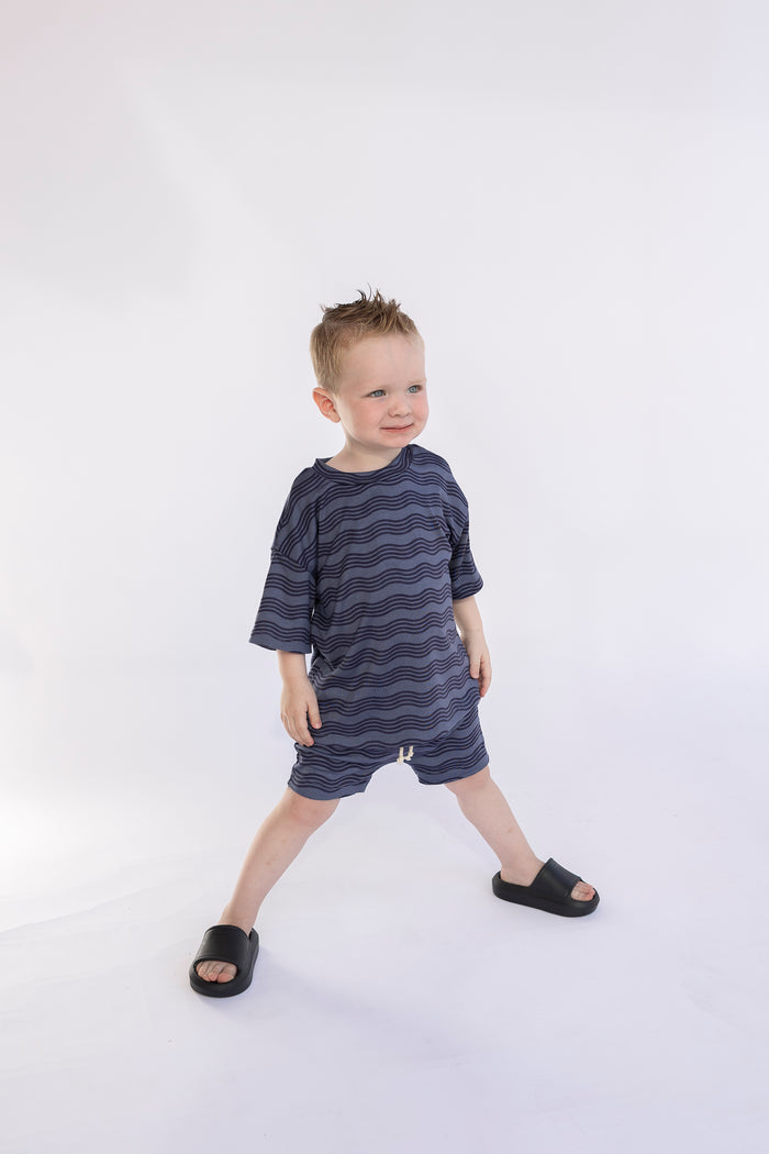 rib knit boy short set - wavy lines