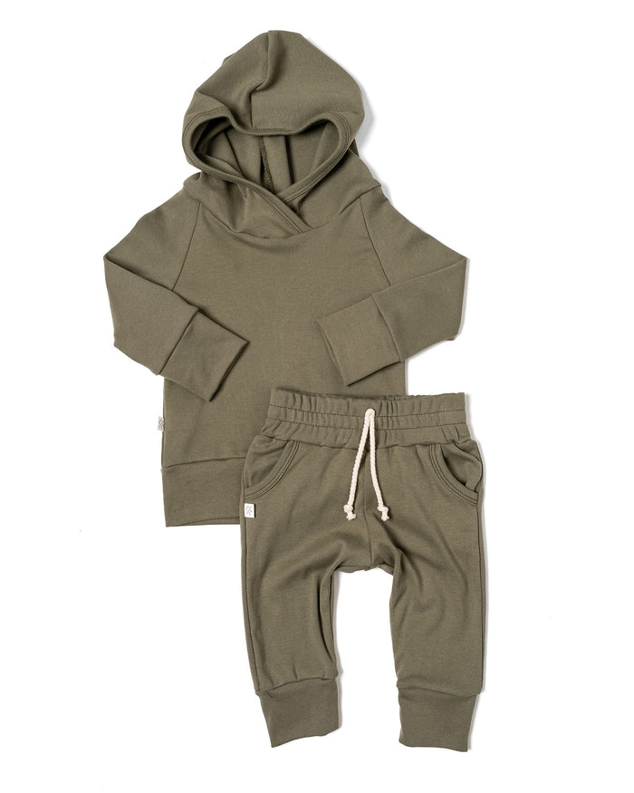 rib knit hoodie set - olive