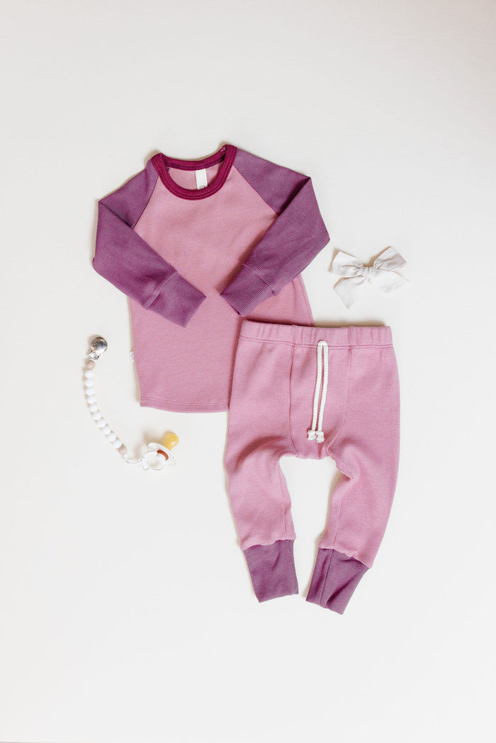 rib knit pant - crepe maroon and thistle