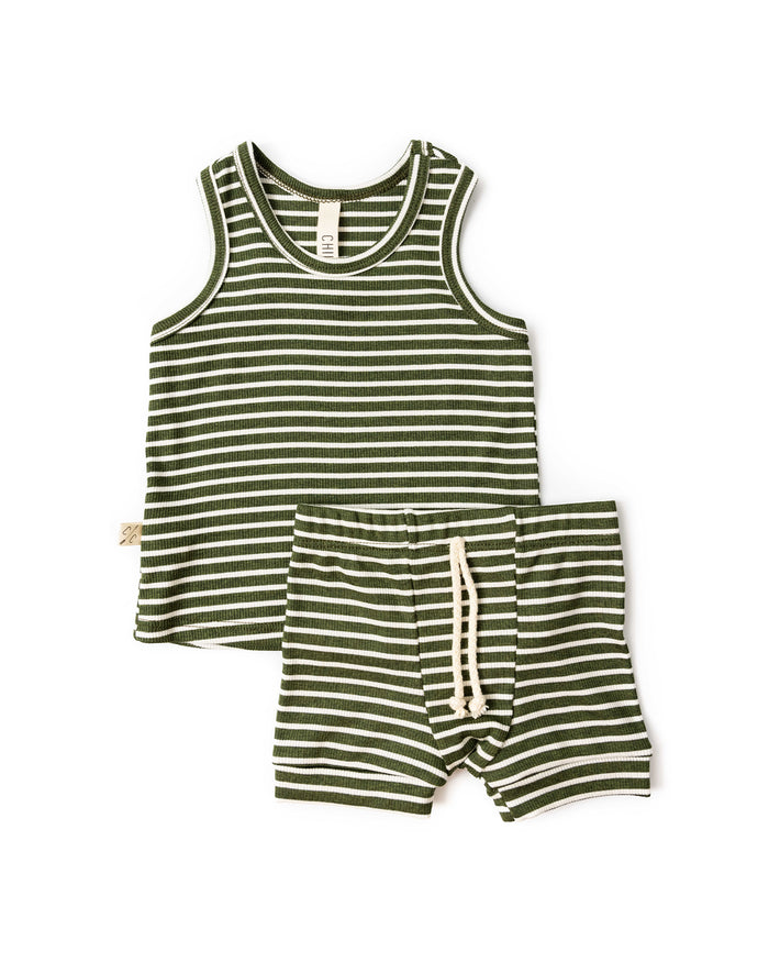rib knit shorts CO - evergreen inverse stripe