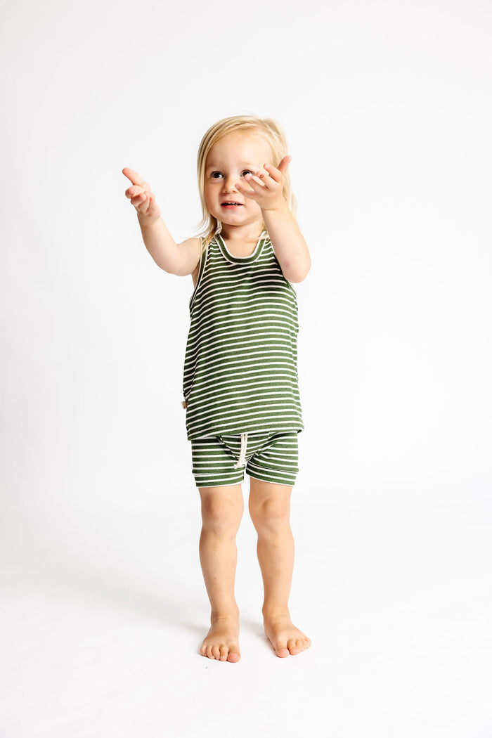 rib knit shorts CO - evergreen inverse stripe