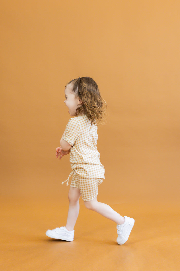 rib knit shorts CO - tan gingham