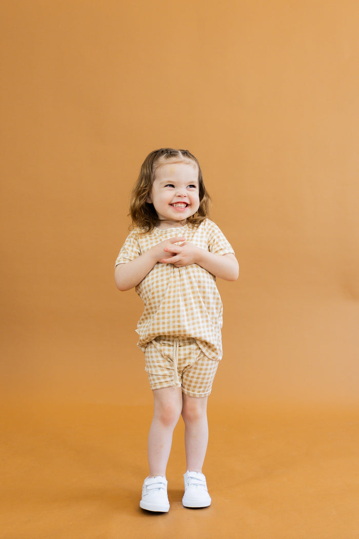 rib knit shorts CO - tan gingham