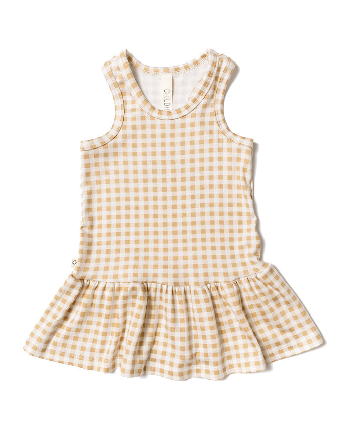 rib twirly tank dress - tan gingham