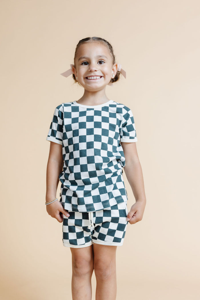 ringer tee  - jade checkerboard