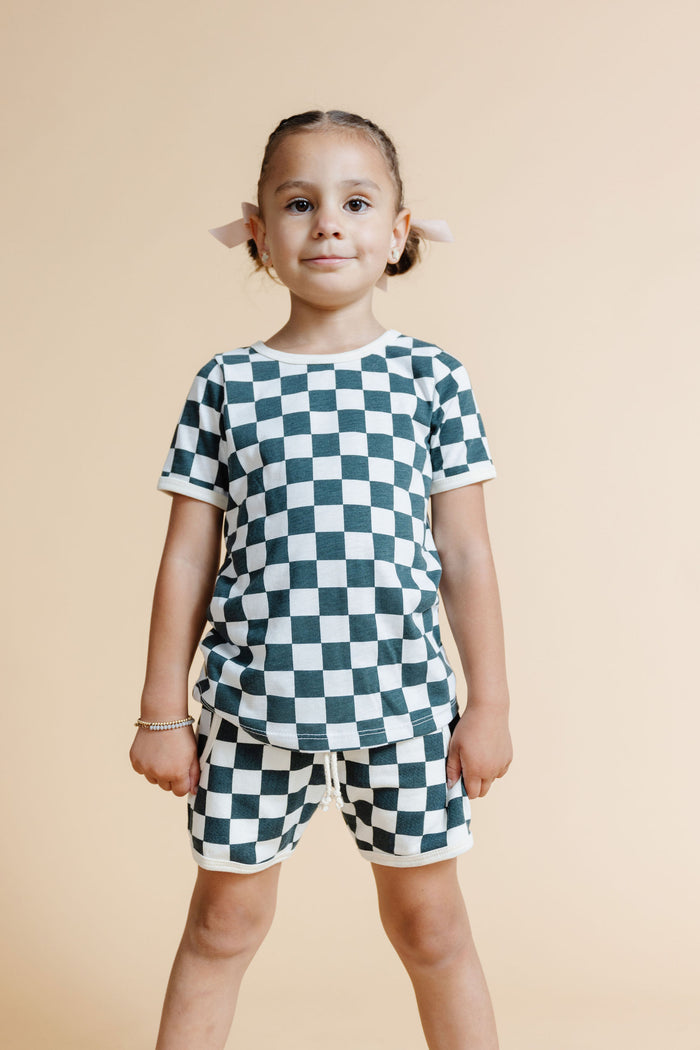 ringer tee  - jade checkerboard