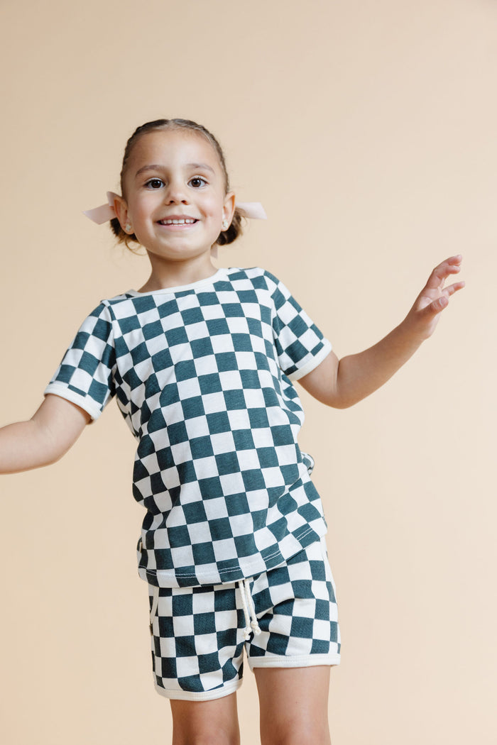 ringer tee  - jade checkerboard