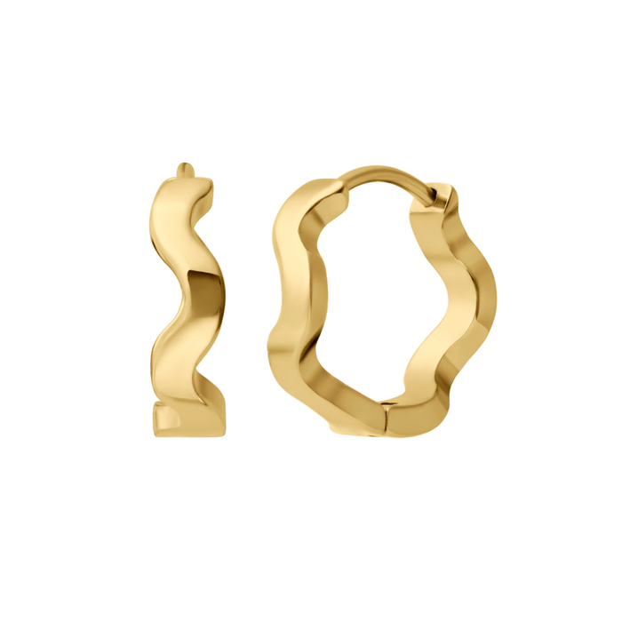 A close up of a pair of hoop earrings that feature a wavy, rippled design. Hoops are made from ASTM F136 Implant Grade Titanium and are finished with 18k Gold PVD plating.