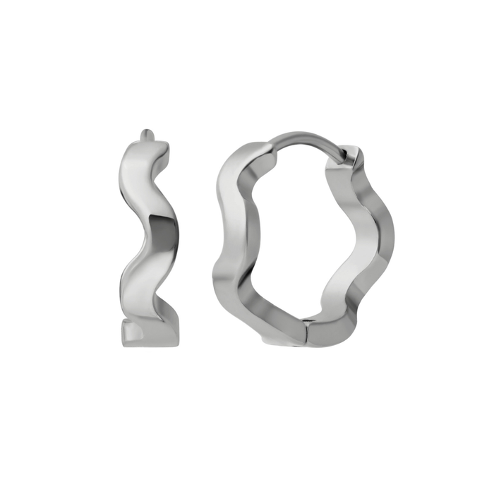 A close up of a pair of hoop earrings that feature a wavy, rippled design. Hoops are made from ASTM F136 Implant Grade Titanium.