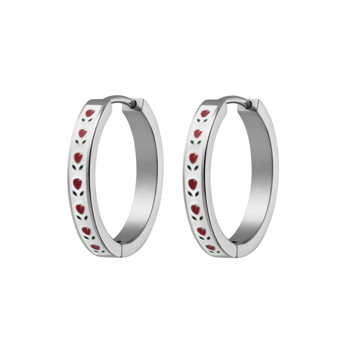 Silver hoop earrings with red rosebud patterns on a white background