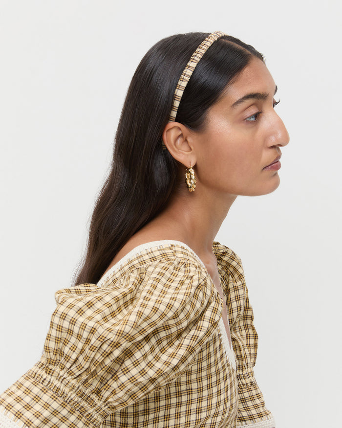 Sabine Denim/Butter Plaid Headband Set and Gillian Puff Sleeve Dress in brown butter plaid cotton.