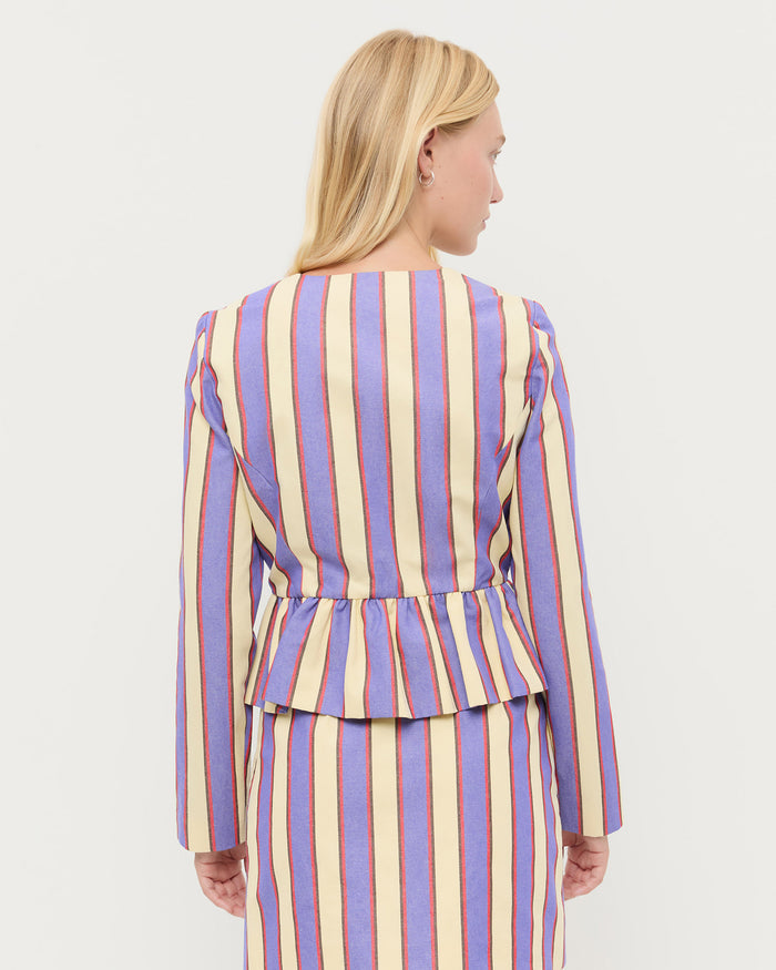 Sable Jacket in jewel and butter striped cotton-linen fabric and Vita Skirt in jewel and butter striped cotton-linen fabric.