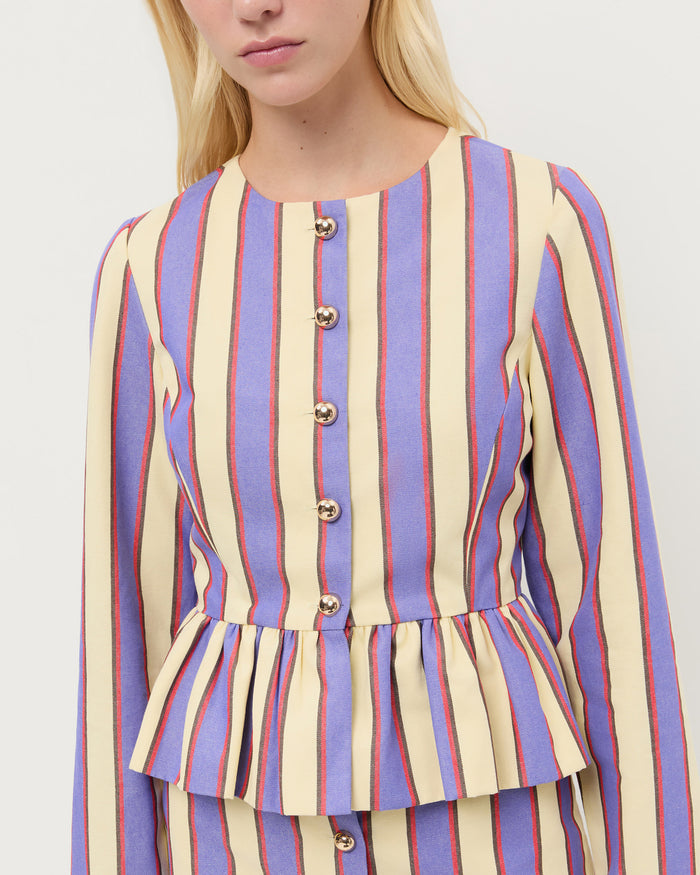 Sable Jacket in jewel and butter striped cotton-linen fabric and Vita Skirt in jewel and butter striped cotton-linen fabric.