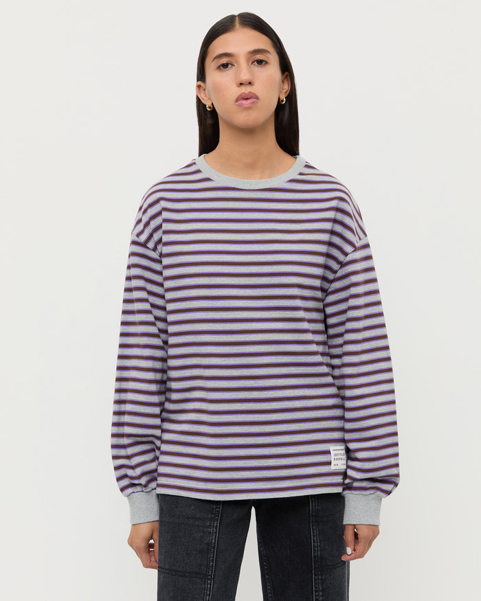 Scout Long-Sleeve Top in grey and purple striped cotton and Molly Workwear Jean in washed black denim.