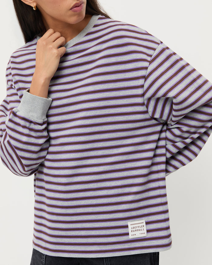 Scout Long-Sleeve Top in grey and purple striped cotton and Molly Workwear Jean in washed black denim.